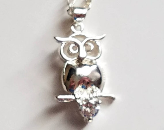 Sterling Silver Owl Pendant Necklace with Simulat… - image 6