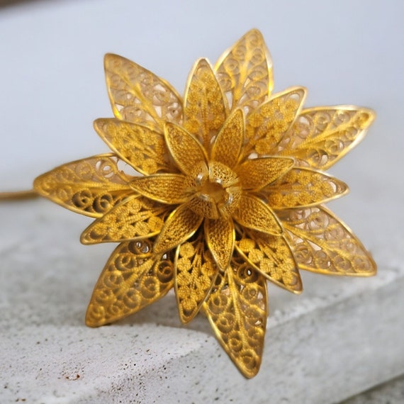 Unique Golden Silver Flower Pin, Classic Floral Br
