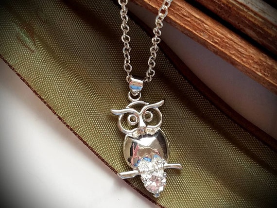 Sterling Silver Owl Pendant Necklace with Simulat… - image 7