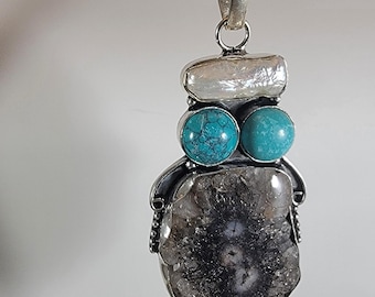 Druzy Pendant Necklace – With Turquoise & Pearl + 20" Silver Snake Chain