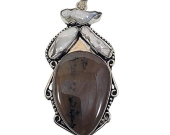 Handmade Silver Pendant with Dendritic Agate and Red Garnets in Bezel Setting