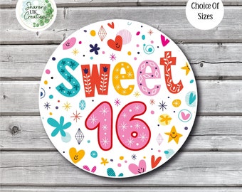 Sweet 16 Birthday Stickers | Sixteenth Birthday Stickers | Party Bag Favour | Gift Bag Stickers | Birthday Labels