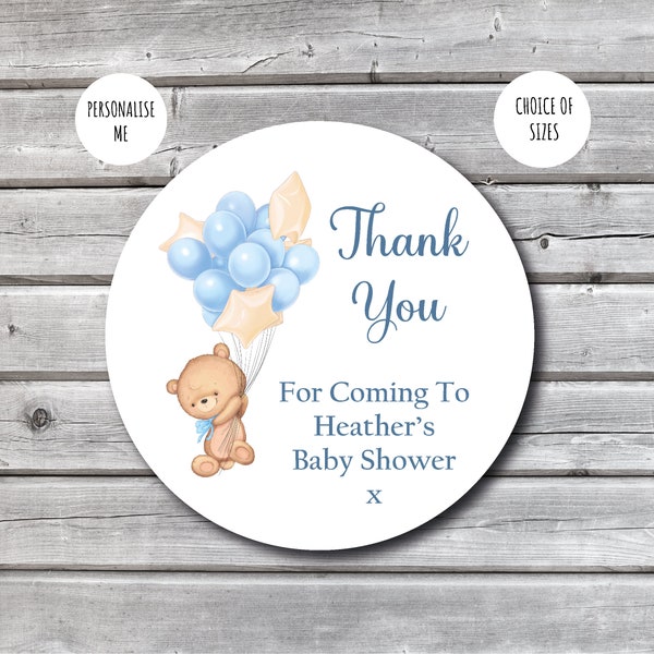 Personalised Blue Boy Teddy Bear Baby Shower Stickers | Thank You Seals | Party Bag Favours | Gift Bag Stickers | A4 Sheet | Blue Labels