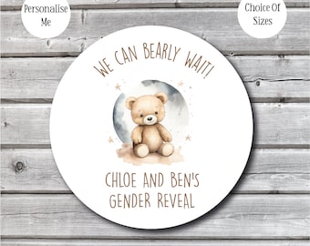 Personalised Gender Reveal Stickers | Cute Bear Design | Party Bag Favours | Gift Bag Stickers | A4 Sheet | We Can Bearly Wait Custom Labels