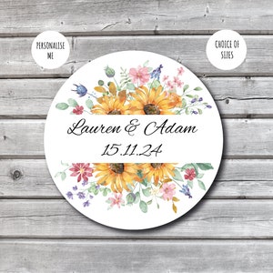 Sunflower Personalised Wedding Stickers | Wildflower Wedding Favour Stickers | Sweet Bag Labels | Invitation  Birthday Baby Shower