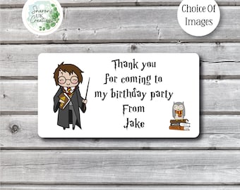 40 Personalised Birthday Wizard Stickers, Wizard School Party Bag Labels, Magical Wizard Birthday Stickers, Rectangle 40 Per Sheet Stickers