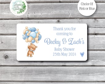 40 Personalised Baby Shower Stickers | Bear With Balloons Design | Party Bag Favours | Gift Bag Stickers | A4 Sheet | Custom Labels