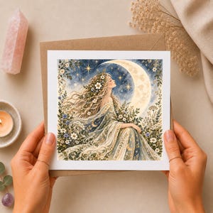 Moon Goddess Greeting Card, Celestial Moon Lady, Mystical Nature Inspired Card, Pagan Witchy Birthday Card, Blank Inside