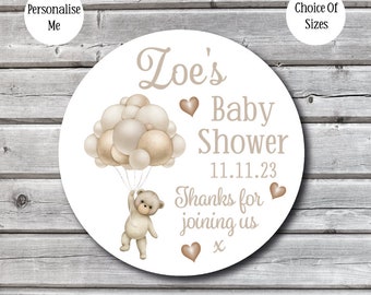 Personalised Baby Shower Stickers | Bear With Balloons Design | Party Bag Favours | Gift Bag Stickers | A4 Sheet | Custom Labels