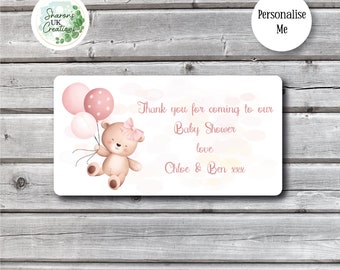 Personalised Baby Shower Stickers | Bear With Balloons Design | Party Bag Favours | Gift Bag Stickers | A4 Sheet | 40 Custom Labels