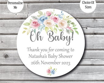 Personalised Baby Shower Stickers | Blue Pink Neutral Floral Design | Oh Baby Favour Labels | Gift Bag Stickers | A4 Sheet | Custom Labels