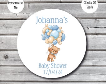 Personalised Baby Shower Stickers Cute Bear With Balloons Design Party Bag Favours Gift Bag Stickers A4 Sheet Custom Labels
