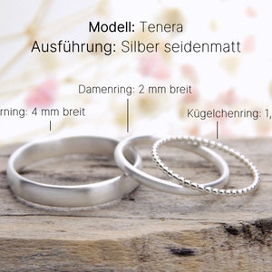 Eheringe Silber Modell Tenera, Partnerringe Silber, abgerundet mit matter Oberfläche und silbernem poliertem Kügelchenring, Bild mit Bemaßung der Ringe