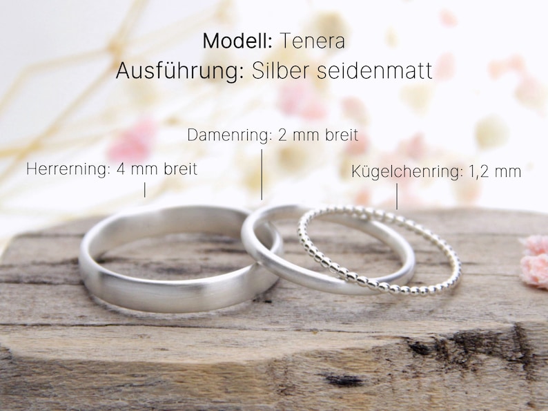 Eheringe Silber Modell Tenera, Partnerringe Silber, abgerundet mit matter Oberfläche und silbernem poliertem Kügelchenring, Bild mit Bemaßung der Ringe