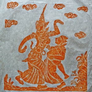 Vintage Thai Tempel rubbing auf Reispapier, orange,traditioneller Tanz und Musik