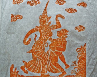 Vintage Thai temple rubbing on rice paper, orange, traditional dance and music