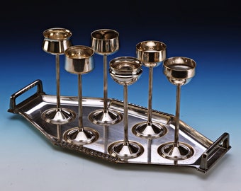 WMF liqueur set around 1910, art nouveau, silver plated, tray, 6 liqueur bowls in different decor. approx. 13.5 cm high, ostrich mark