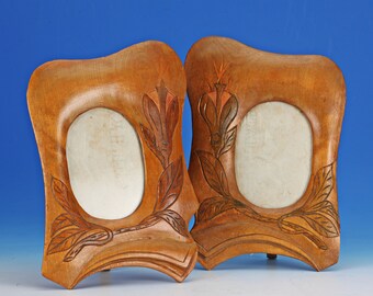 Art Nouveau pair of photo frames, handmade from wood with carving