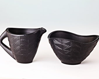 Sugar bowl and creamer, matt black glass, Åfors, Sweden