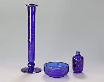 Boda Glas-Set signiert, vintage, silber bemalt, Orchideenvase, Parfümflakon und Schälchen, Schweden um 1930-1950