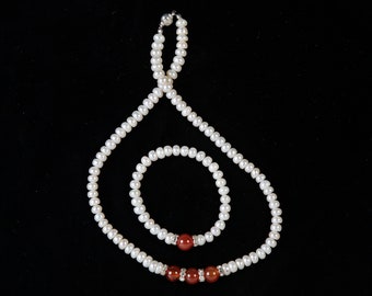 Pearl Necklace & Bracelet - Cultured Pearl Set with Carnelians