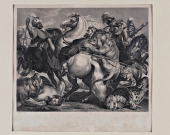 Rubens,THE LION HUNT Steel engraving around 1850 by A.Carse after Peter Paul Rubens