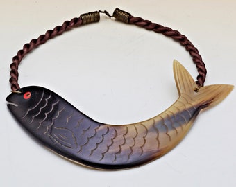 Noble collar Fish motif carved from horn on a dark brown silk cord