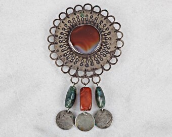 Brooch from the hippie era in the 1960s, originally handcrafted, probably silver and semi-precious stones