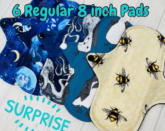 Cloth Pad Starter Set, Cloth Pad Bundle, 6 Pack, Reusable Pad, Washable Period Pad, Incontinence Pad, Surprise Pack, Starter Set, 8 inch Pad