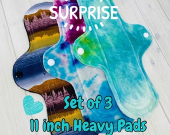 Heavy Cloth Pad Starter Set, Cloth Pad Bundle, 3 Pack, Reusable Pad, Washable Pad, Incontinence Pad, Surprise Pack, Starter Set, 11 inch Pad
