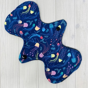 9.5 inch Regular Reusable Cloth Pad, Washable Menstrual Pad, Period Pad, Flared Curvy Incontinence Pad, Feminine Hygiene, Blue Jellyfish