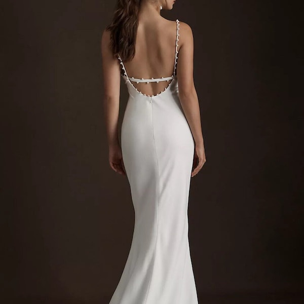 Pearl Wedding Dress, Simple Wedding Dress With Pearls, Elegant Wedding Dress With Pearls, Spaghetti Strap Wedding Dress With Pearls