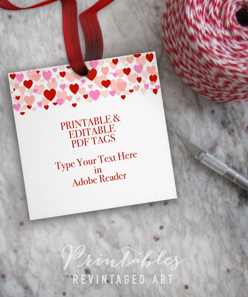 Printable Valentine's Day Gift Tag Template // Editable Valentine Tag, Hearts Tag // DIY Digital PDF // 3' Square 3x3 Red & Pink Gift Tags 