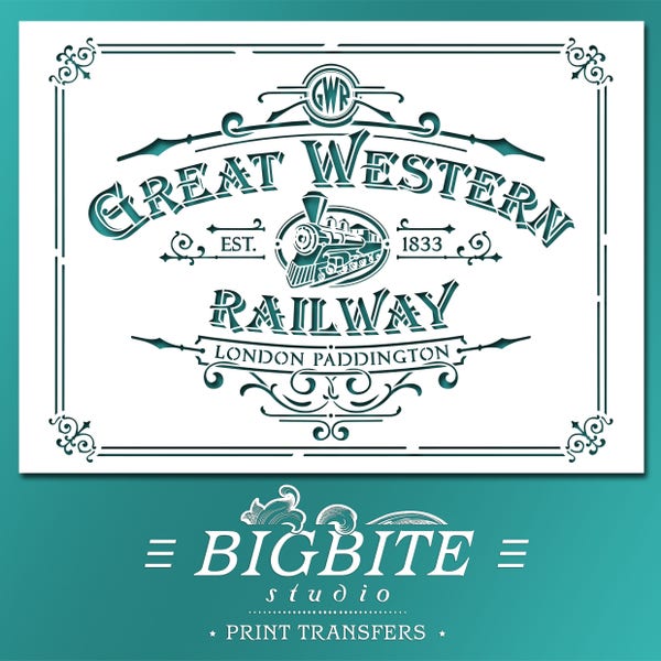 Shabby Chic STENCIL: English Trains Great Western Railway Anuncio (Transferencia de impresión de muebles) #074