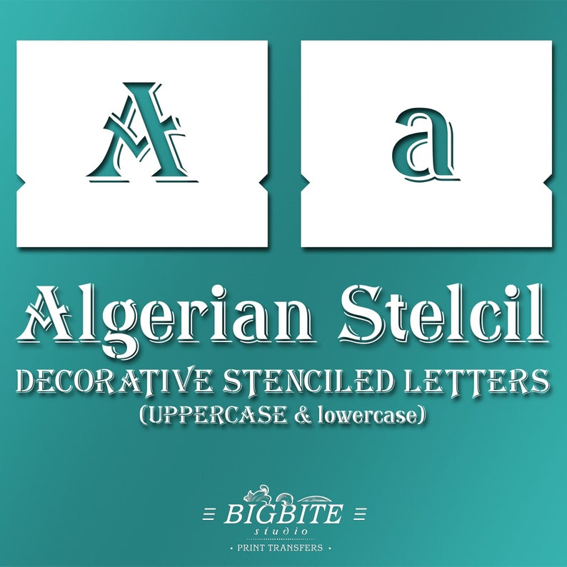 May include: Two white stencil sheets with the letters "A" and "a" in a decorative Algerian font. The text "Algerian Stencil" is below the sheets, and the text "Decorative Stenciled Letters (UPPERCASE & lowercase)" is below that. The text "= BIGBITE = studio PRINT TRANSFERS" is at the bottom of the image.