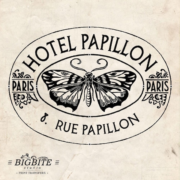 Water Decal Print transfer to furniture, wood or paper – Vintage French Advert: Hotel Papillon #007