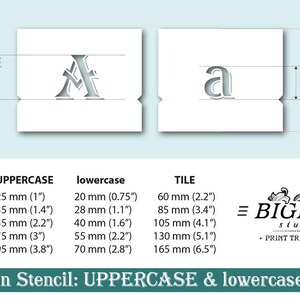 May include: A chart showing different sizes for uppercase and lowercase letters in an Algerian font style. The chart includes measurements in millimeters and inches. The chart also includes sizes for tiles in millimeters and inches. The chart is titled "Algerian Stencil: UPPERCASE & lowercase".