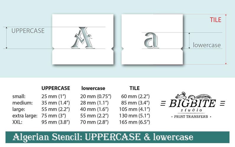 May include: A chart showing different sizes for uppercase and lowercase letters in an Algerian font style. The chart includes measurements in millimeters and inches. The chart also includes sizes for tiles in millimeters and inches. The chart is titled "Algerian Stencil: UPPERCASE & lowercase".