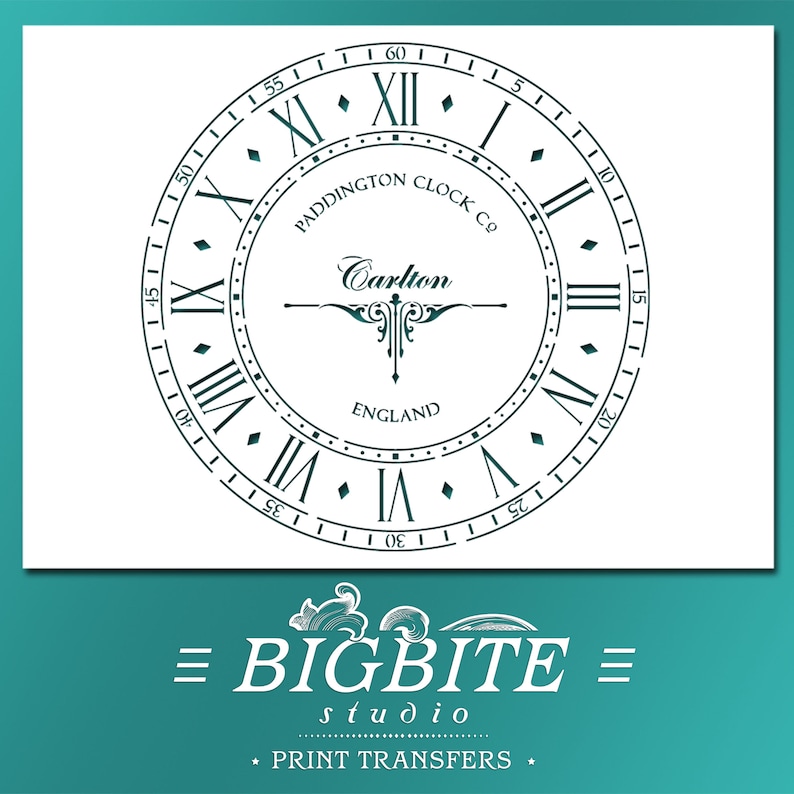May include: A white clock face with Roman numerals and black markings. The clock face has the text "Paddington Clock Co" and "Carlton" in a decorative font. The clock face also has the text "England". The clock face is surrounded by a teal border.