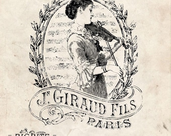 Water Slide Furniture Decal French PRINT TRANSFER of VINTAGE Girl with violin  Label graphic #011