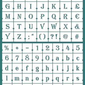 May include: A white alphabet and number stencil with a teal green background. The stencil includes uppercase letters, numbers, punctuation marks, and symbols.