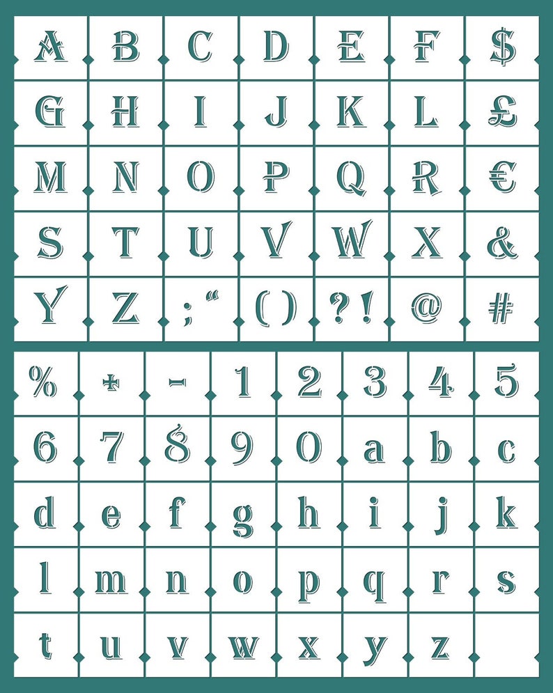 May include: A white alphabet and number stencil with a teal green background. The stencil includes uppercase letters, numbers, punctuation marks, and symbols.