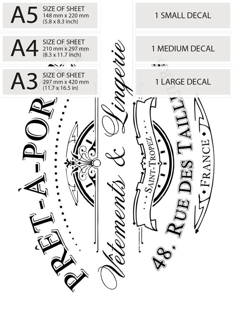 wood Water Slide Decal Print transfer to furniture paper; Typography Vintage labels; Pret-a-Porter French Advert #039