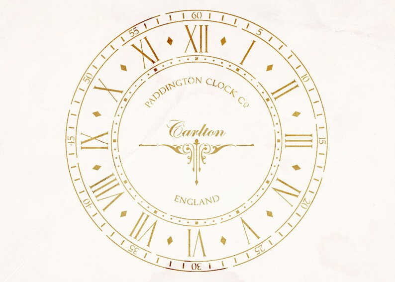 May include: A gold clock face with Roman numerals and a white background. The clock face reads "Paddington Clock Co. Carlton England".
