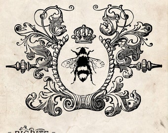 Water Decal Print Transfer for furniture, wood or paper – Vintage Queen Bee in Wreath graphic #002