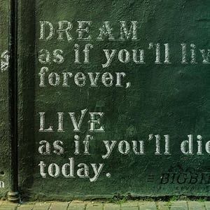 May include: A green wall with white text that reads "DREAM as if you'll live forever, LIVE as if you'll die today." The text is in a vintage font style. The quote is attributed to James Dean. The text is on a green wall with a black metal gate in the background.