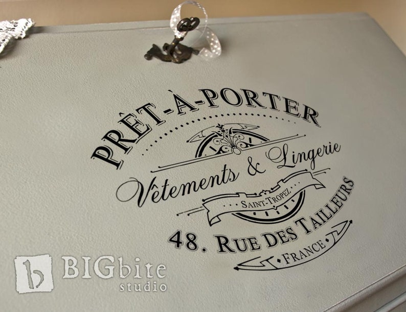 wood Water Slide Decal Print transfer to furniture paper; Typography Vintage labels; Pret-a-Porter French Advert #039