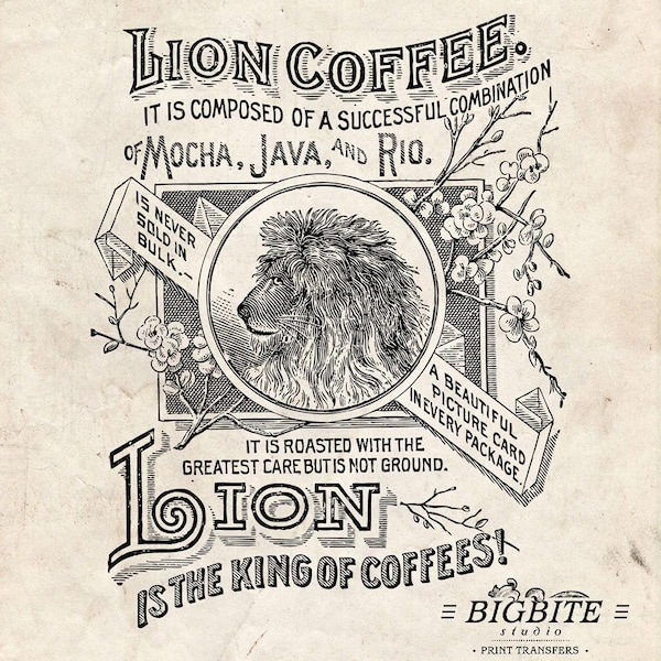 Water Slide Decal: Print transfer to furniture, wood, paper Typography Image Antique Clip Art – Vintage Lion Coffee Advert #018