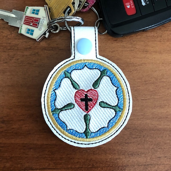ITH Luther Rose Snap tab/key fob.  Machine embroidery digital file - 4x4 inch hoop.  Lutheran