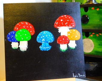 Kawaii Button Mushroom and Small Jellyfish BFFs, Acrylic Painting, Home Decor Wall Art